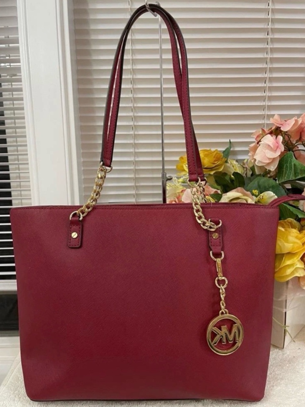 Michael Kors Deep Red Saffiano Tote with Gold Logo